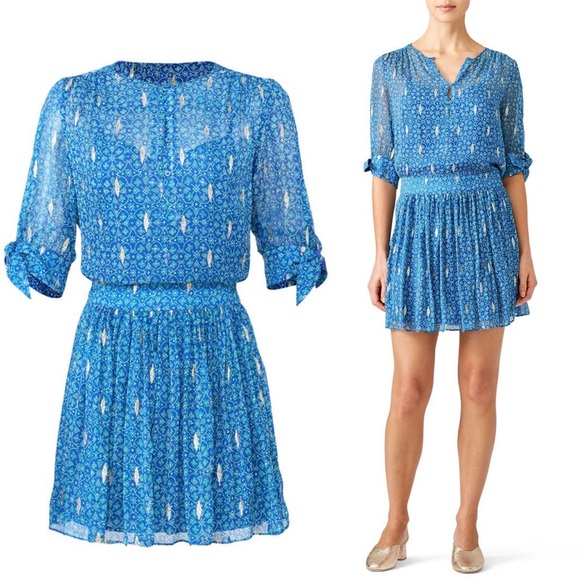 ba&sh Madrid Silk Metallic Print Blouson Mini Dress S Bohemian Lightweight Pleat - Picture 2 of 11